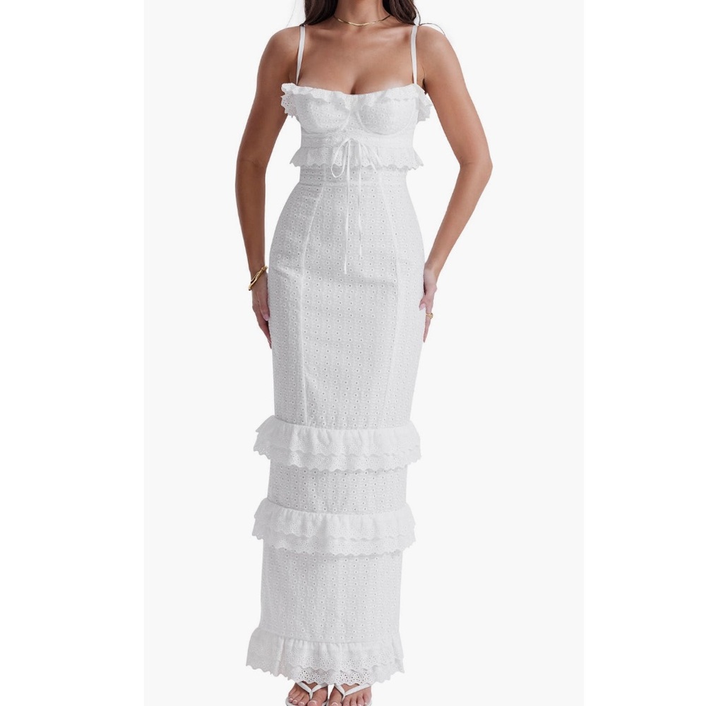 NWT House of CB Eve Ruffle Broderie Anglaise Maxi Dress in White - Small